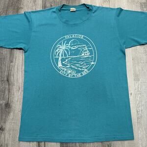 VTG Palacios Texas 70s Sportswear Blue City By The Sea Travel Beach Sail Shirt
